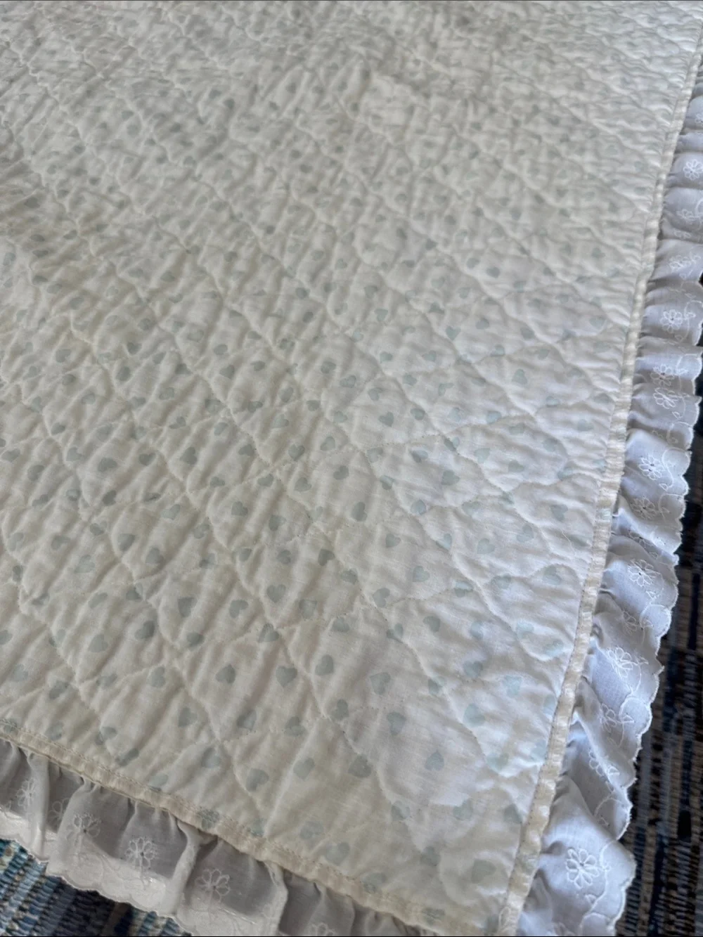 Vintage Yellow Precious Moments Baby Quilt w/ Ruffle Trim approx 45inX35&1/2in